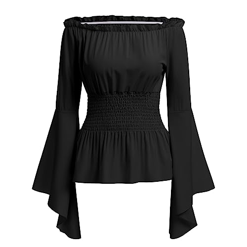 IBTOM CASTLE Mittelalter Gothic Kleidung Damen Schulterfreies Rüschen Korsett Oberteil Steampunk Langarmshirt Top Wikinger Piratenkostüm Karneval Kostüm Damen Schwarz XL von IBTOM CASTLE