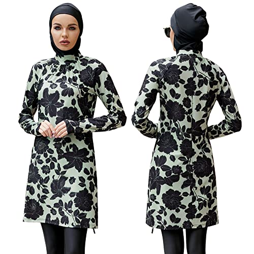 IBTOM CASTLE Modest Swimwear Muslim Swimming Costume for Women Full Coverage Long Floral Print Islamic Hijab Burkini 3pcs Set Ladies Beachwear Surfen Tauchanzug Outfit, Schwarz – Grün – Blumenmuster, von IBTOM CASTLE