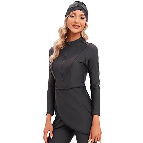 IBTOM CASTLE Muslimische Badeanzug Damen, Burkini Damen Muslim, Ganzkörper Badeanzug Damen, Hijab Badeanzug Damen, Bescheidene Modest Muslim Swimwear Langarm Top+Hosen+Hijab 3 Stücke Set Dunkelgrau L von IBTOM CASTLE