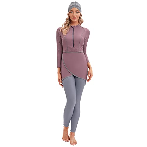 IBTOM CASTLE Muslimische Badeanzug Damen, Burkini Damen Muslim, Ganzkörper Badeanzug Damen, Hijab Badeanzug Damen, Bescheidene Modest Muslim Swimwear Langarm Top+Hosen+Hijab 3 Stücke Set Lila &rosa S von IBTOM CASTLE