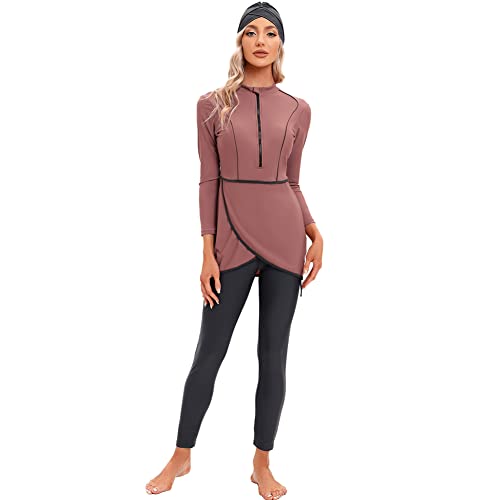 IBTOM CASTLE Muslimische Badeanzug Damen, Burkini Damen Muslim, Ganzkörper Badeanzug Damen, Hijab Badeanzug Damen, Bescheidene Modest Muslim Swimwear Langarm Top+Hosen+Hijab 3 Stücke Set Ziegelrot XL von IBTOM CASTLE