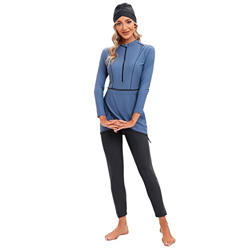 IBTOM CASTLE Muslimische Badeanzug Damen, Burkini Damen Muslim, Ganzkörper Badeanzug Damen, Hijab Badeanzug Damen, Bescheidene Modest Muslim Swimwear Top+Hosen+Hijab 3 Stücke Set Dunkelblau L von IBTOM CASTLE