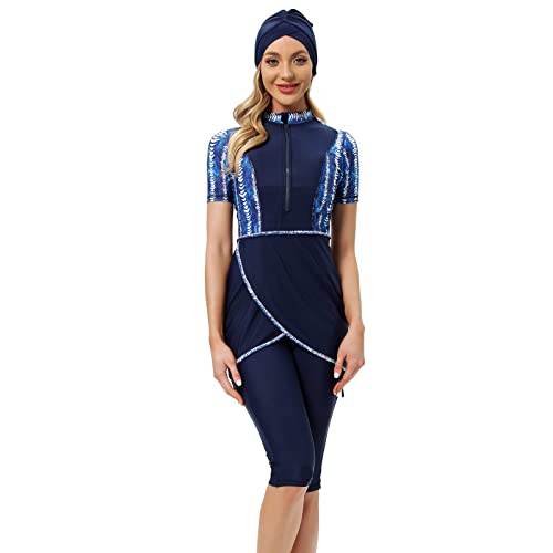 IBTOM CASTLE Muslimische Badeanzug Damen, Burkini Damen Muslim, Modest Badeanzug Frauen, Kurze Ärmel Bademode Hijab Ganzkörper-Badeanzüge Rash Guard Surfanzug Beachwear 3-teiliges Set Blau&Blumen M von IBTOM CASTLE