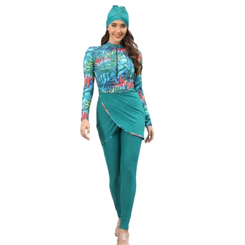 IBTOM CASTLE Muslimische Bademode Badeanzüge Burkini Damen Muslim Langarm Top+Hosen+Hijab 3 Stücke Set Ganzkörper Badeanzug Floral Badebekleidung Rashguard Sets T1-Grün L von IBTOM CASTLE
