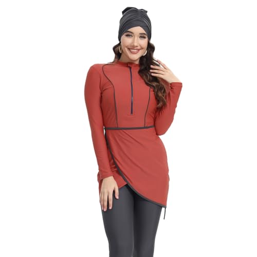 IBTOM CASTLE Muslimische Bademode Badeanzüge Burkini Damen Muslim Langarm Top+Hosen+Hijab 3 Stücke Set Ganzkörper Badeanzug Floral Badebekleidung Rashguard Sets T1-Ziegelrot S von IBTOM CASTLE