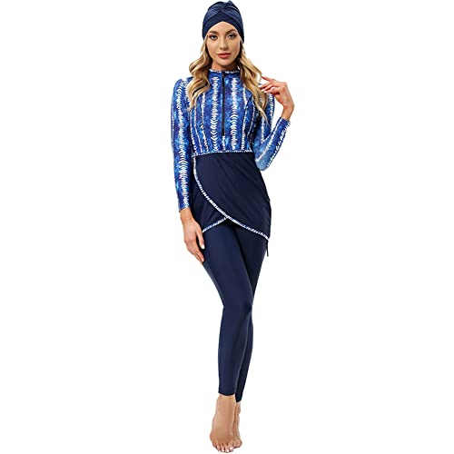 IBTOM CASTLE Muslimische Bademode Badeanzüge für Frauen, Burkini Damen Muslim, Langarm Top+Hosen+Hijab 3 Stücke Set Ganzkörper Badeanzug Floral Badebekleidung Rashguard Bademode Sets Denim Blue 4XL von IBTOM CASTLE