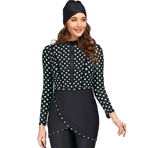 IBTOM CASTLE Muslimische Bademode Badeanzüge für Frauen, Burkini Damen Muslim, Langarm Top+Hosen+Hijab 3 Stücke Set Ganzkörper Badeanzug Floral Badebekleidung Rashguard Bademode Sets Grünes Plaid 4XL von IBTOM CASTLE