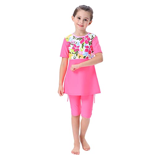 IBTOM CASTLE Muslimische Bescheidene Badeanzüge für Mädchen, Langarm Badeoberteil+Hose +Hijab Burkini Kinder Baby Ganzkörper-Badeanzüge UV Rash Guard Beachwear Hot Pink-Kurzarm 7-8 Jahre von IBTOM CASTLE