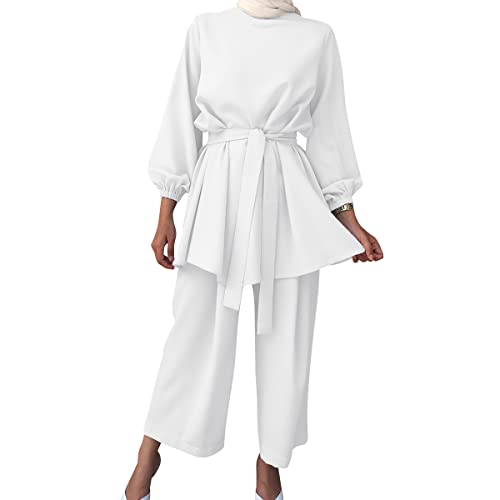 IBTOM CASTLE Muslimische Kleider Damen Corban Naher Osten Arabisch Islamische Kleidung Langärmeliges Oberteil und Weite Hose Outfits Weiß M von IBTOM CASTLE