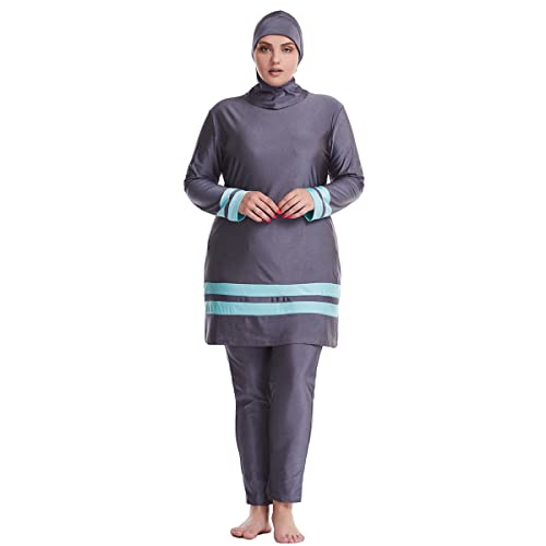 IBTOM CASTLE Muslimischer Badeanzug in Übergröße 3-teiliger Bademode in Kontrastfarbe für Damen Full Cover Modest Muslim Swimwear Langarm Spleißen Schwimmanzug Hijab Burkini Tankinis Grau 6XL von IBTOM CASTLE