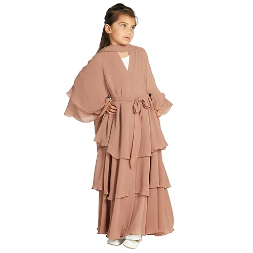 IBTOM CASTLE Muslimisches Kleid für Kinder Mädchen Chiffonkleid Strickjacke Abaya Hijab Kleid mit Gürtel Dubai Elegantes Kleid Islamisches Gebet Party Zeremonie Geschenk Khaki 9-10 Jahre von IBTOM CASTLE