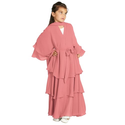 IBTOM CASTLE Muslimisches Kleid für Kinder Mädchen Chiffonkleid Strickjacke Abaya Hijab Kleid mit Gürtel Dubai Elegantes Kleid Islamisches Gebet Party Zeremonie Geschenk Rosa 5-6 Jahre von IBTOM CASTLE