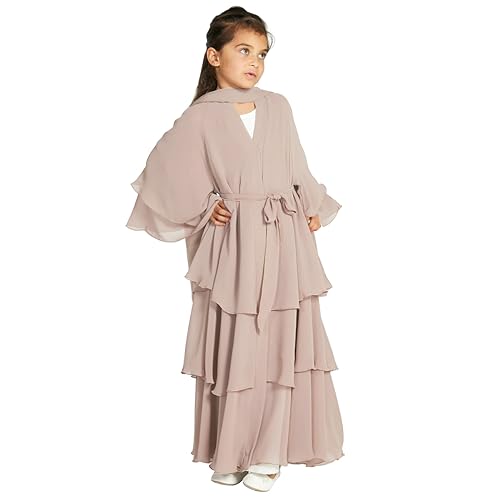 IBTOM CASTLE Muslimisches Kleid für Kinder Mädchen Chiffonkleid Strickjacke Abaya Hijab Kleid mit Gürtel Dubai Elegantes Kleid Islamisches Gebet Party Zeremonie Geschenk Sekt 7-8 Jahre von IBTOM CASTLE