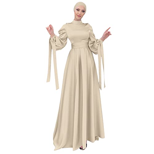 IBTOM CASTLE Muslimisches Maxikleid für Damen, Kaftan, Nahen Osten, volle Länge, lange Ärmel, Abaya, Ramadan, Kirche, Gebetsbekleidung, Kleid mit Hijab, 2-teiliges Set, Beige + Hijab, Medium von IBTOM CASTLE