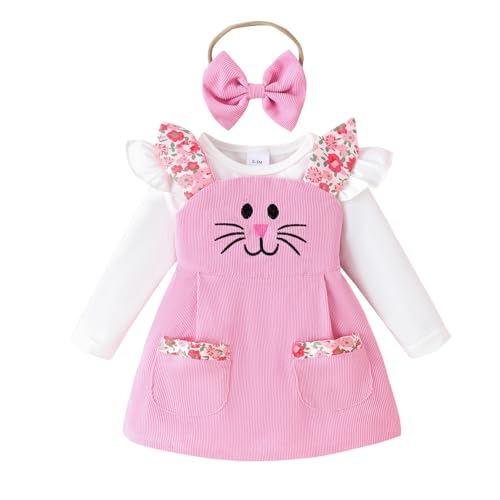 IBTOM CASTLE Neugeborene Baby Mädchen Süßes Ostern Hase 3 Stück Set Langarm Rüschen Strampler Jumpsuit Hosenträger Rock Kleid Baby Ostern Festliches Kleid Cosplay Bodysuit Kleidung Weiß 6-9 Monate von IBTOM CASTLE