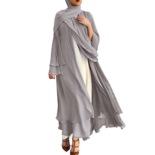 IBTOM CASTLE Offene Abayas für Frauen Muslimisch, Chiffon-Maxi-Kaftan-Kleid, einfarbig, Cardigan, volle Länge, bescheidenes Kleid, islamischer Bademantel, lose Türkei, Dubai, Cover Up, grau, Small von IBTOM CASTLE