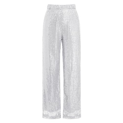 IBTOM CASTLE Pailettenhose Damen Frauen Hose Mit Weitem Bein und Pailletten High Waist Pailletten Hose Vintage Kostüm Glitzernden Joggings-Hosen Disco Rave Tanz X-Silber S von IBTOM CASTLE