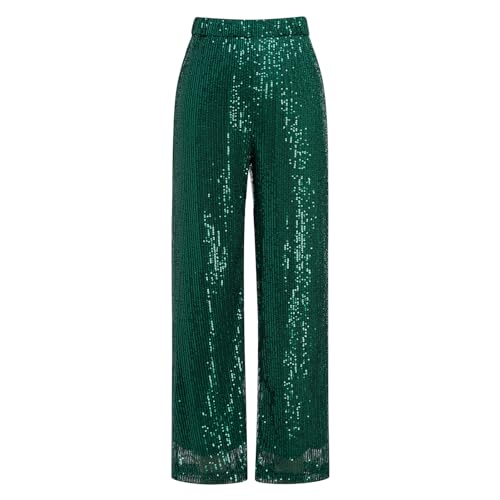 IBTOM CASTLE Pailettenhose Damen Frauen Hose Mit Weitem Bein und Pailletten High Waist Pailletten Hose Vintage Kostüm Glitzernden Joggings-Hosen Disco Rave Tanz X-grün L von IBTOM CASTLE