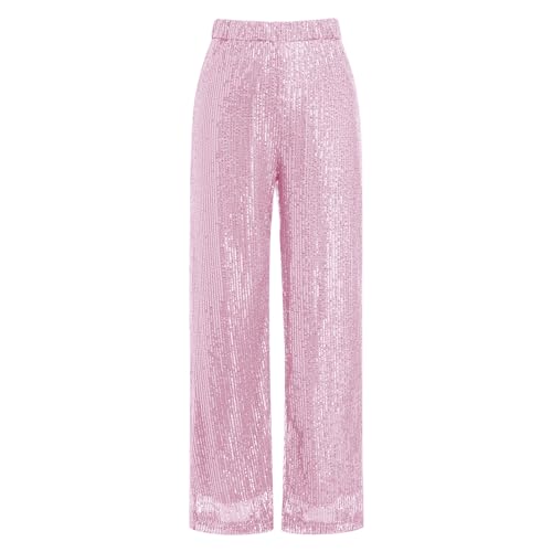 IBTOM CASTLE Pailettenhose Damen Frauen Hose Mit Weitem Bein und Pailletten High Waist Pailletten Hose Vintage Kostüm Glitzernden Joggings-Hosen Disco Rave Tanz X-rosa L von IBTOM CASTLE