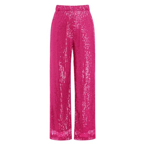 IBTOM CASTLE Pailettenhose Damen Frauen Hose Mit Weitem Bein und Pailletten High Waist Pailletten Hose Vintage Kostüm Glitzernden Joggings-Hosen Disco Rave Tanz X-rosarot L von IBTOM CASTLE