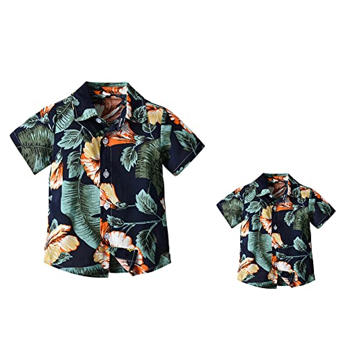 IBTOM CASTLE Papa und ich zusammenpassende Outfits Vater und Sohn Hemden Jungen Boho Blumen Sommer Strand Hawaii Urlaub Outfit Schwarze Blätter 3XL von IBTOM CASTLE