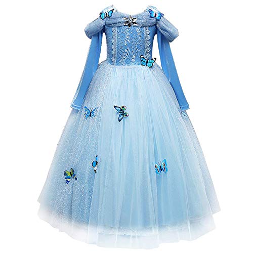 IBTOM CASTLE Prinzessin Kleid Mädchen, Cinderella Kleid Kostüme Prinzessin Kostüm Schmetterling Mädchen Geburtstagsfeier Festkleid Cocktailklei Verkleidung Halloween Fancy Dress up Blau 4-5 Jahre von IBTOM CASTLE