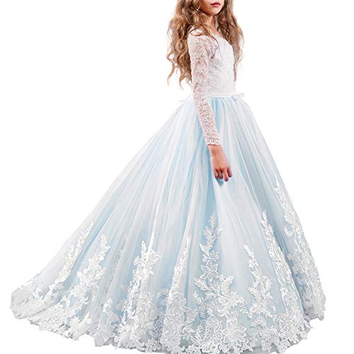 IBTOM CASTLE Prinzessin Kleid Mädchen Langarm Festlich Kinder Festzug Kleider Hochzeit Partykleid Brautjungfern Blau 10-11 Jahre von IBTOM CASTLE