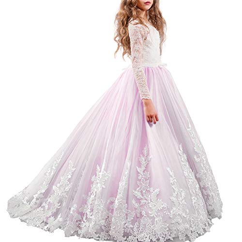 IBTOM CASTLE Prinzessin Kleid Mädchen Langarm Festlich Kinder Festzug Kleider Hochzeit Partykleid Brautjungfern Rosa 4-5 Jahre von IBTOM CASTLE