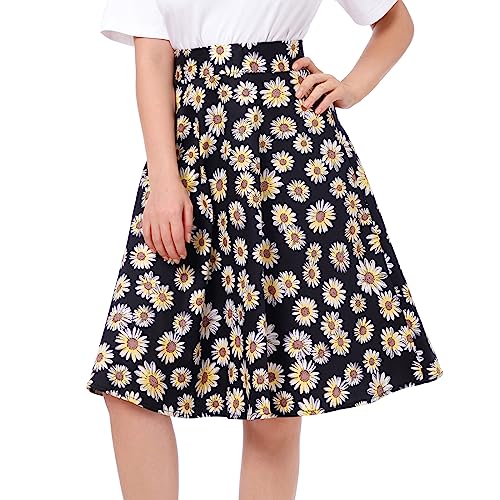 IBTOM CASTLE Rock Damen Rockabilly Vintage Röcke 1950er-Jahre Blumendruck Skater-A-Linie Lässiger Rock Hoch Tailliert Fließender Swing-Rock Cocktial-Partykleid Gänseblümchen schwarz XXL von IBTOM CASTLE