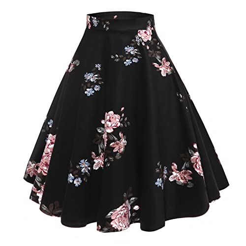 IBTOM CASTLE Rock Damen Rockabilly Vintage Röcke 1950er-Jahre Blumendruck Skater-A-Linie Lässiger Rock Hoch Tailliert Fließender Swing-Rock Cocktial-Partykleid Pfingstrose schwarz XXL von IBTOM CASTLE