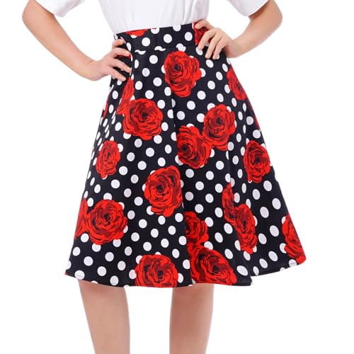 IBTOM CASTLE Rock Damen Rockabilly Vintage Röcke 1950er-Jahre Blumendruck Skater-A-Linie Lässiger Rock Hoch Tailliert Fließender Swing-Rock Cocktial-Partykleid Punktmuster rot L von IBTOM CASTLE