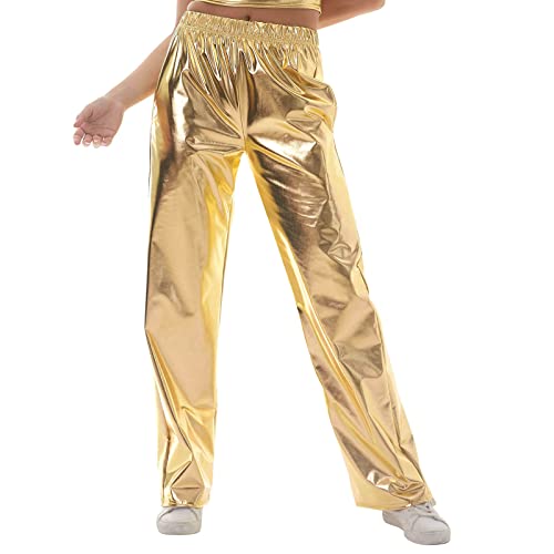IBTOM CASTLE Silberne Hose Damen Glänzend Wetlook Metallic Leggins Glitzer Hose Damen Lang mit Taille Freizeit Hoch Jogginghose Sweathose Tanzhosen Gold XXL von IBTOM CASTLE