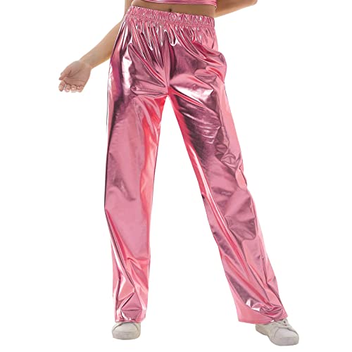 IBTOM CASTLE Silberne Hose Damen Glänzend Wetlook Metallic Leggins Glitzer Hose Damen Lang mit Taille Freizeit Hoch Jogginghose Sweathose Tanzhosen Rosa L von IBTOM CASTLE