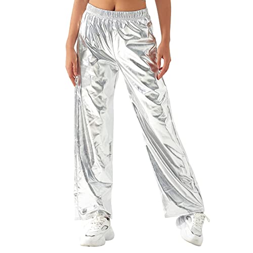 IBTOM CASTLE Silberne Hose Damen Glänzend Wetlook Metallic Leggins Glitzer Hose Damen Lang mit Taille Freizeit Hoch Jogginghose Sweathose Tanzhosen Silber L von IBTOM CASTLE