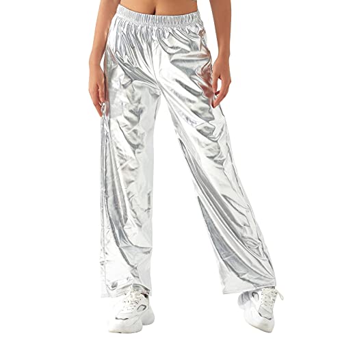 IBTOM CASTLE Silberne Hose Damen Glänzend Wetlook Metallic Leggins Glitzer Hose Damen Lang mit Taille Freizeit Hoch Jogginghose Sweathose Tanzhosen Silber XXL von IBTOM CASTLE