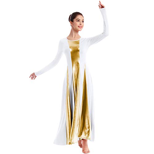 IBTOM CASTLE Stilvolle Frauen Liturgisch Tanzkleid mit Langarm Ballett Slim Fit Kleid Trikot klassischen Tanz für die Kombination Kirche Gebet Chor Kostüm Multi Farbe S M L XL XXL Weiß S von IBTOM CASTLE