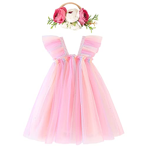 IBTOM CASTLE Tüll Kleid Baby Mädchen,ärmellose Prinzessin Pailletten Tutu Kleid & Blume Stirnband Baby Party Kleid Erster Geburtstagkleid Silvester Weihnachtsoutfit Rosa Regenbogen 3-4 Jahre von IBTOM CASTLE