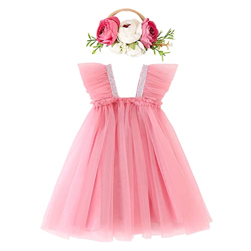 IBTOM CASTLE Tutu Kleider für Baby-Mädchen,Kleinkind ärmellose Prinzessin Pailletten Tüll Kleid & Blume Stirnband 2Stück Geburtstagkleid Taufkleid Silvester Outfit Bohnenpaste Rosa 2-3 Jahre von IBTOM CASTLE