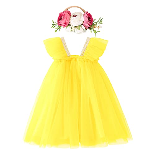 IBTOM CASTLE Tutu Kleider für Baby-Mädchen,Kleinkind ärmellose Prinzessin Pailletten Tüll Kleid & Blume Stirnband 2Stück Geburtstagkleid Taufkleid Silvester Outfit Gelb&Pailletten 4-5 Jahre von IBTOM CASTLE