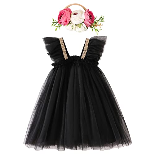 IBTOM CASTLE Tutu Kleider für Baby-Mädchen,Kleinkind ärmellose Prinzessin Pailletten Tüll Kleid & Blume Stirnband 2Stück Geburtstagkleid Taufkleid Silvester Weihnachtsoutfit Schwarz 18-24 Monate von IBTOM CASTLE