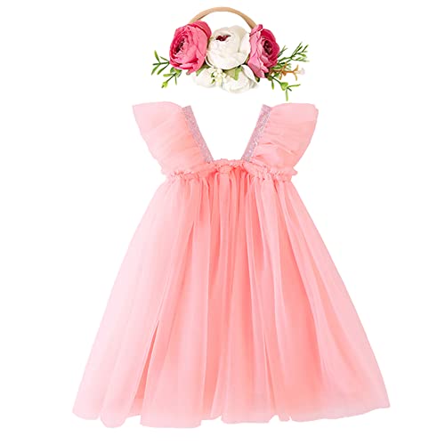 IBTOM CASTLE Tutu Kleider für Baby-Mädchen,Kleinkind ärmellose Prinzessin Pailletten Tüll Kleid & Blume Stirnband Party Kleid Hochzeitskleider Taufkleid Weihnachtsoutfit Pfirsich Rosa 6-12 Monate von IBTOM CASTLE