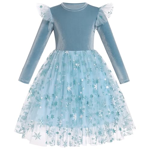 IBTOM CASTLE Weihnachtskleid für Mädchen Samt Schneeflocke langärmelig Rüschenkleid Pailletten Geburtstagsparty Kleid für Herbst und Winter Cocktailkleid Blu 18-24 Monate von IBTOM CASTLE
