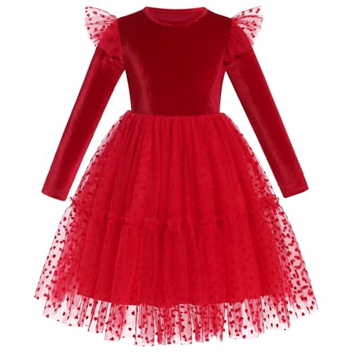 IBTOM CASTLE Weihnachtskleid für Mädchen Samt Schneeflocke langärmelig Rüschenkleid Pailletten Geburtstagsparty Kleid für Herbst und Winter Cocktailkleid Rot 5-6 Jahre von IBTOM CASTLE