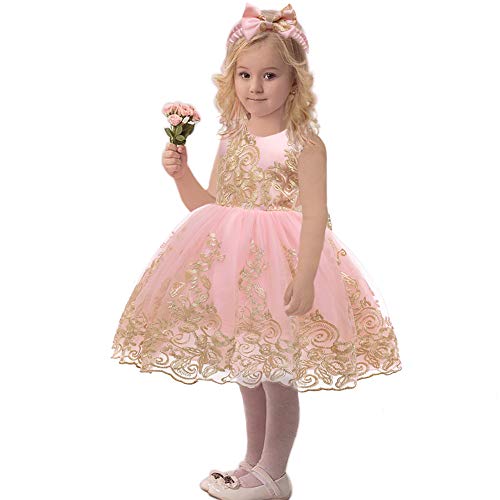 IBTOM Castle Kleid zur Taufe, Baby, Mädchen, rückenfrei, Blume, Stickerei, Pailletten, Schleife, Prinzessin, Tutu, Brautjungfer, Abendkleid mit Haarband für Kinder Gr. 1-2 Jahre, Rosa + Spitze von IBTOM CASTLE