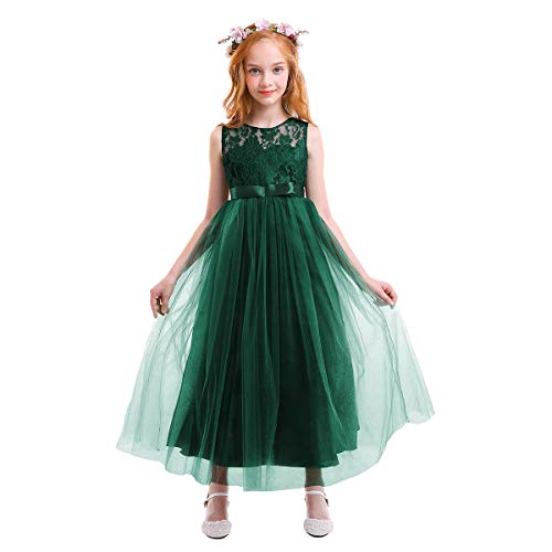 Kinder Abendkleider Mädchen Festlich Elegant Kleid Rock Blume Hochzeitskleid Brautjungfer Lange Prinzessin Festzug Spitzen Party Maxi Kleidung für Fasching Kommunion Dunkelgrün 7-8 Jahre von IBTOM CASTLE