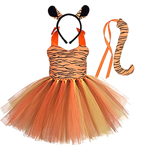 Kinder Baby Mädchen Tier Kostüme Dschungel Tiger/Leopard/Kühe/Zebra/Giraffe Dress Up Cosplay Tutu+Stirnband+Schwanz 3 Stück Weihnachten Halloween Karneval Geburtstag Partykleid Tiger 9-10 Jahre von IBTOM CASTLE