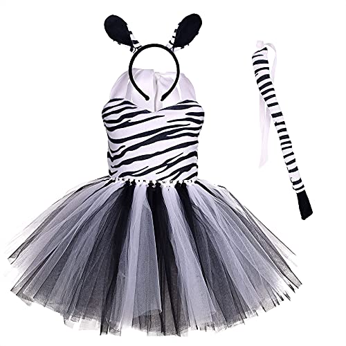 Kinder Baby Mädchen Tier Kostüme Dschungel Tiger/Leopard/Kühe/Zebra/Giraffe Dress Up Cosplay Tutu+Stirnband+Schwanz 3 Stück Weihnachten Halloween Karneval Geburtstag Partykleid Zebra 7-8 Jahre von IBTOM CASTLE