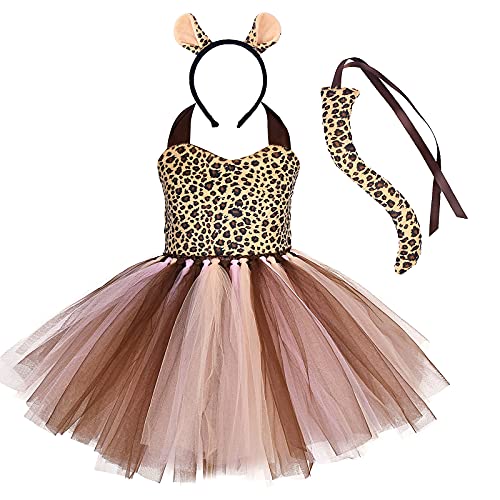 Kinder Baby Mädchen Tier Kostüme Dschungel Tiger/Leopard/Kühe/Zebra/Giraffe Dress Up Tutu+Stirnband+Schwanz 3 Stück Weihnachten Halloween Karneval Geburtstag Partykleid Braun Leopard 7-8 Jahre von IBTOM CASTLE