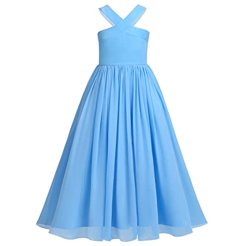 Kinder Halter Hals Crisscross Riemen Prinzessin Kleid Mädchen solide Farbe Ruffle Boden Länge Blumenmädchen Festzug Partykleid Hochzeit Brautjungfer Maxi Kleid Hell Blau 9-10 Jahre von IBTOM CASTLE