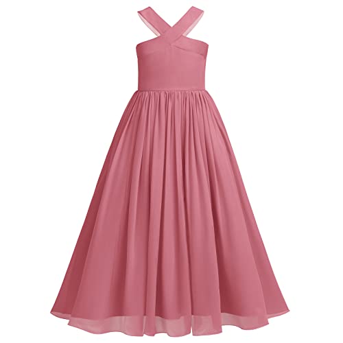 Kinder Halter Hals Crisscross Riemen Prinzessin Kleid Mädchen solide Farbe Ruffle Boden Länge Blumenmädchen Festzug Partykleid Hochzeit Brautjungfer Maxi Kleid Rosa 7-8 Jahre von IBTOM CASTLE